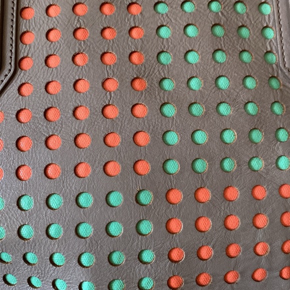 5/$30 Fossil Leather Zippered Gray/Mint/Orange Bag 12"W x 5 1/2"D x 11" T - Picture 3 of 15